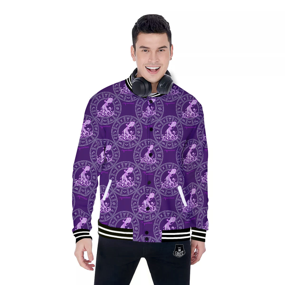 Zodiac Aquarius Purple Print Pattern Baseball Jacket-grizzshop
