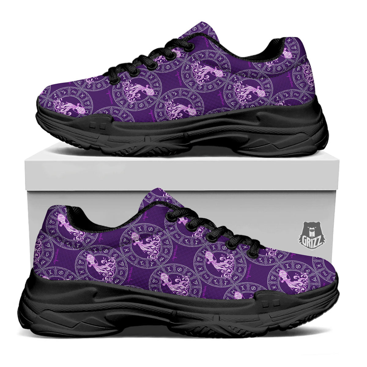 Zodiac Aquarius Purple Print Pattern Black Chunky Shoes-grizzshop