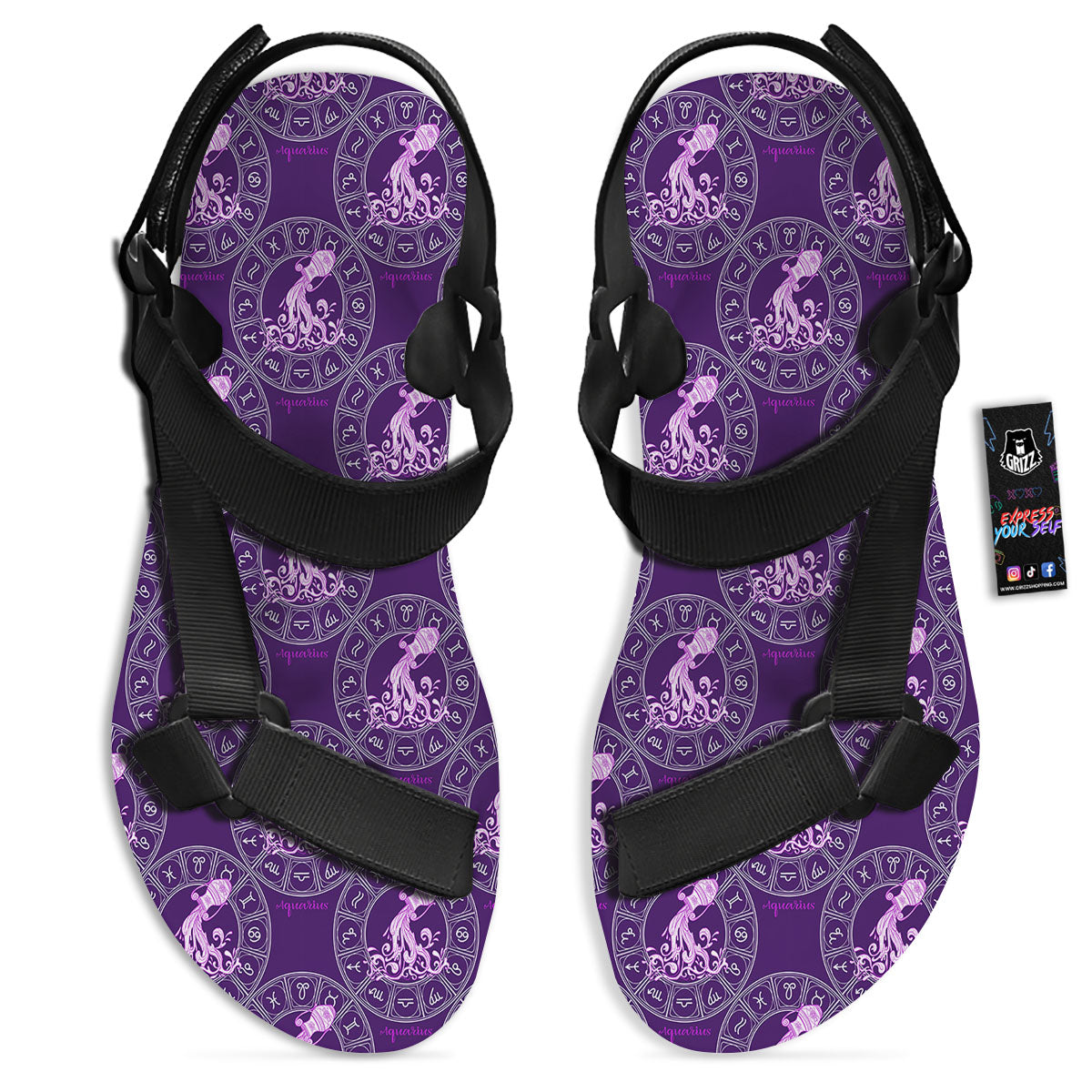 Zodiac Aquarius Purple Print Pattern Black Open Toe Sandals-grizzshop