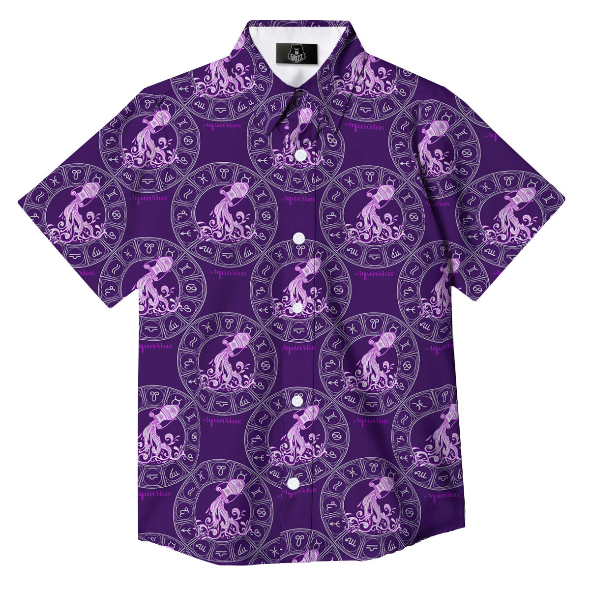 Zodiac Aquarius Purple Print Pattern Button Up Shirt-grizzshop