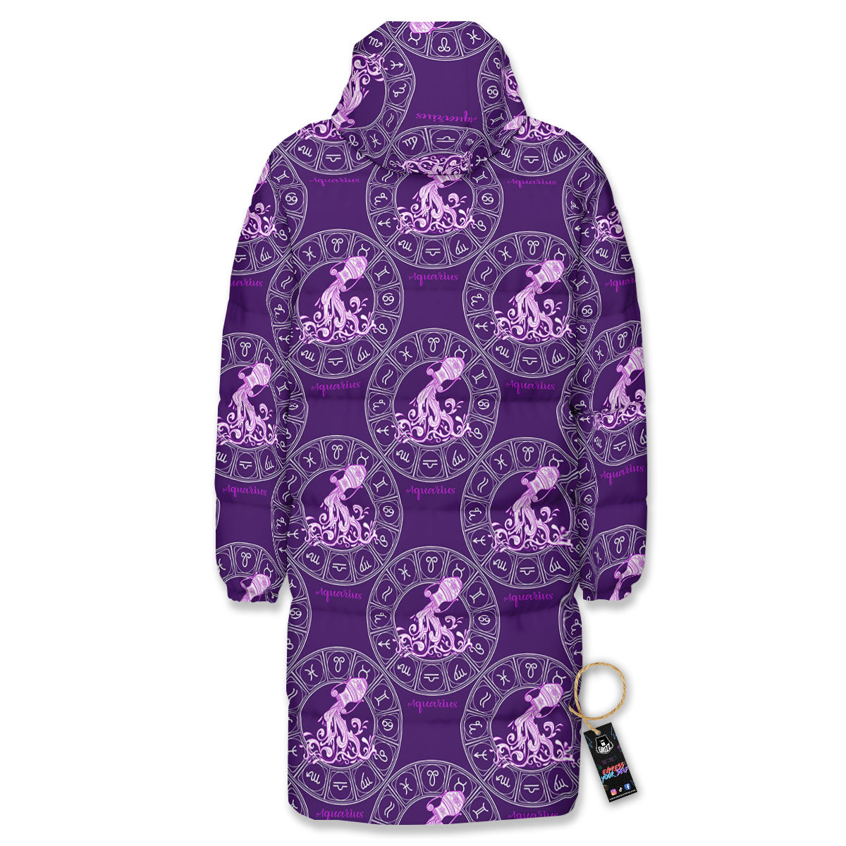 Zodiac Aquarius Purple Print Pattern Long Down Jacket-grizzshop
