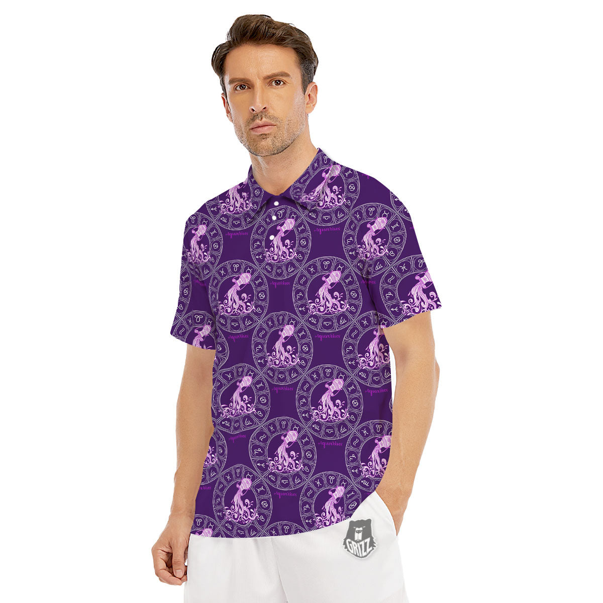 Zodiac Aquarius Purple Print Pattern Men's Golf Shirts-grizzshop
