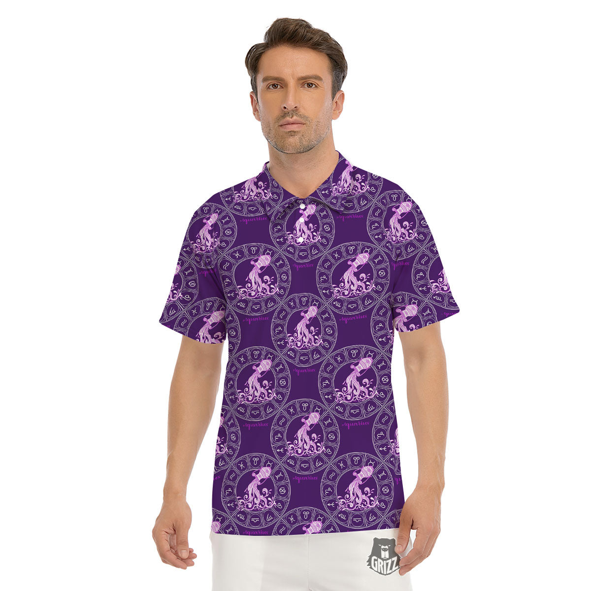 Zodiac Aquarius Purple Print Pattern Men's Golf Shirts-grizzshop