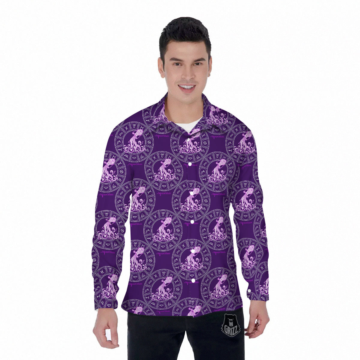 Zodiac Aquarius Purple Print Pattern Men's Long Sleeve Shirts-grizzshop