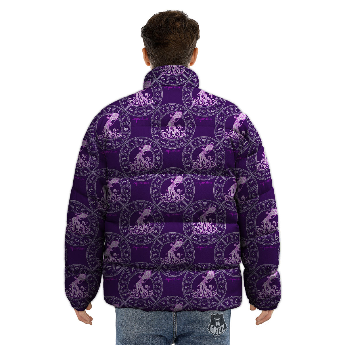 Zodiac Aquarius Purple Print Pattern Puffer Jacket-grizzshop