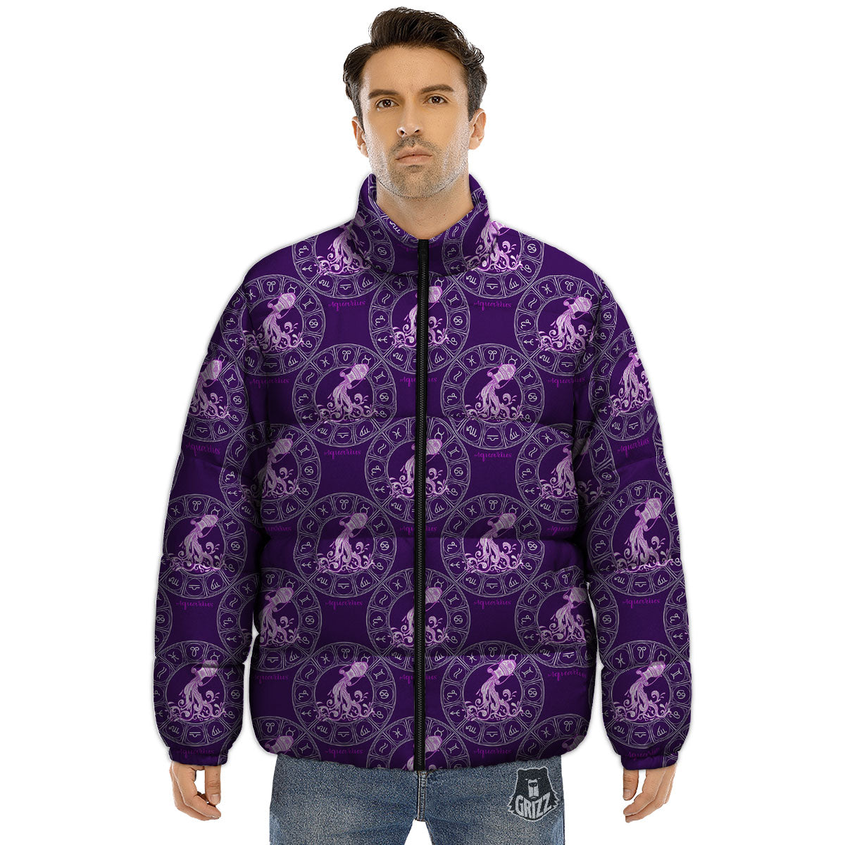 Zodiac Aquarius Purple Print Pattern Puffer Jacket-grizzshop