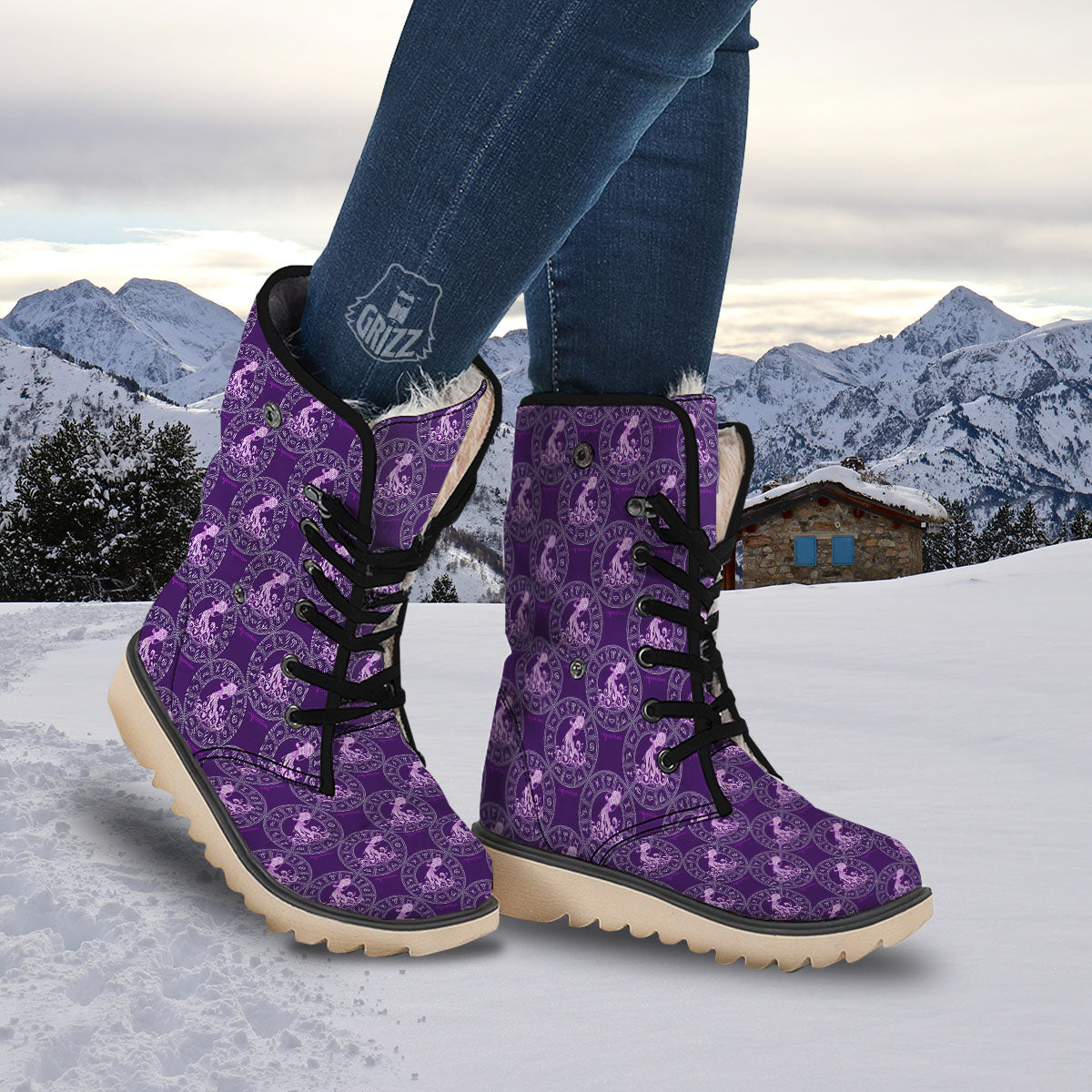 Zodiac Aquarius Purple Print Pattern Snow Boots-grizzshop
