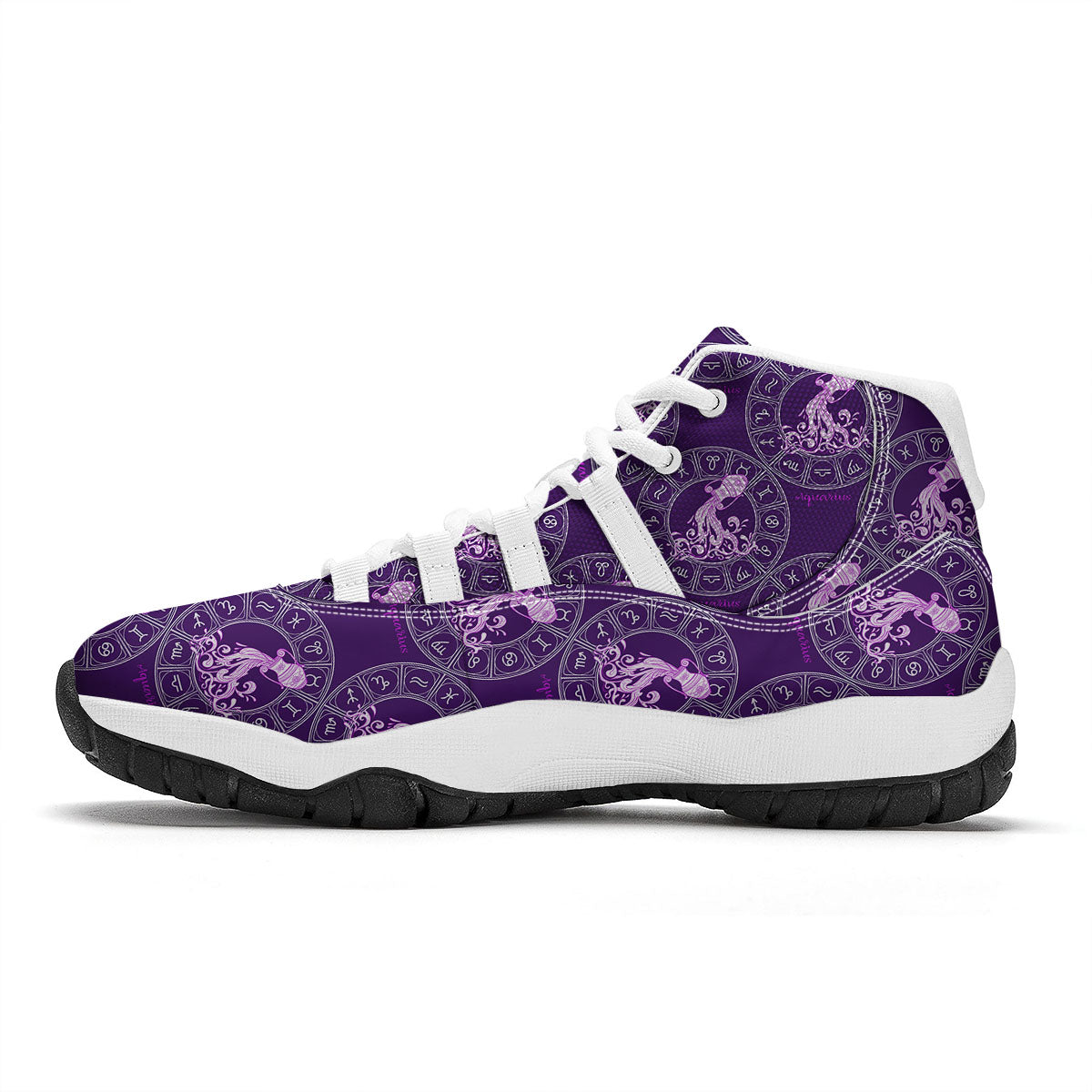 Zodiac Aquarius Purple Print Pattern White Bball Shoes-grizzshop