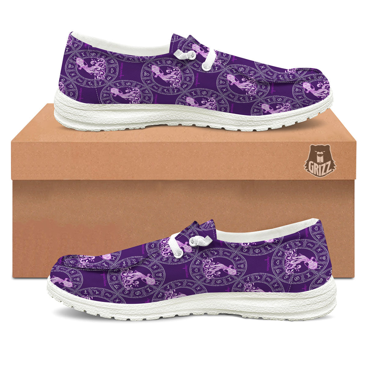 Zodiac Aquarius Purple Print Pattern White Loafers-grizzshop