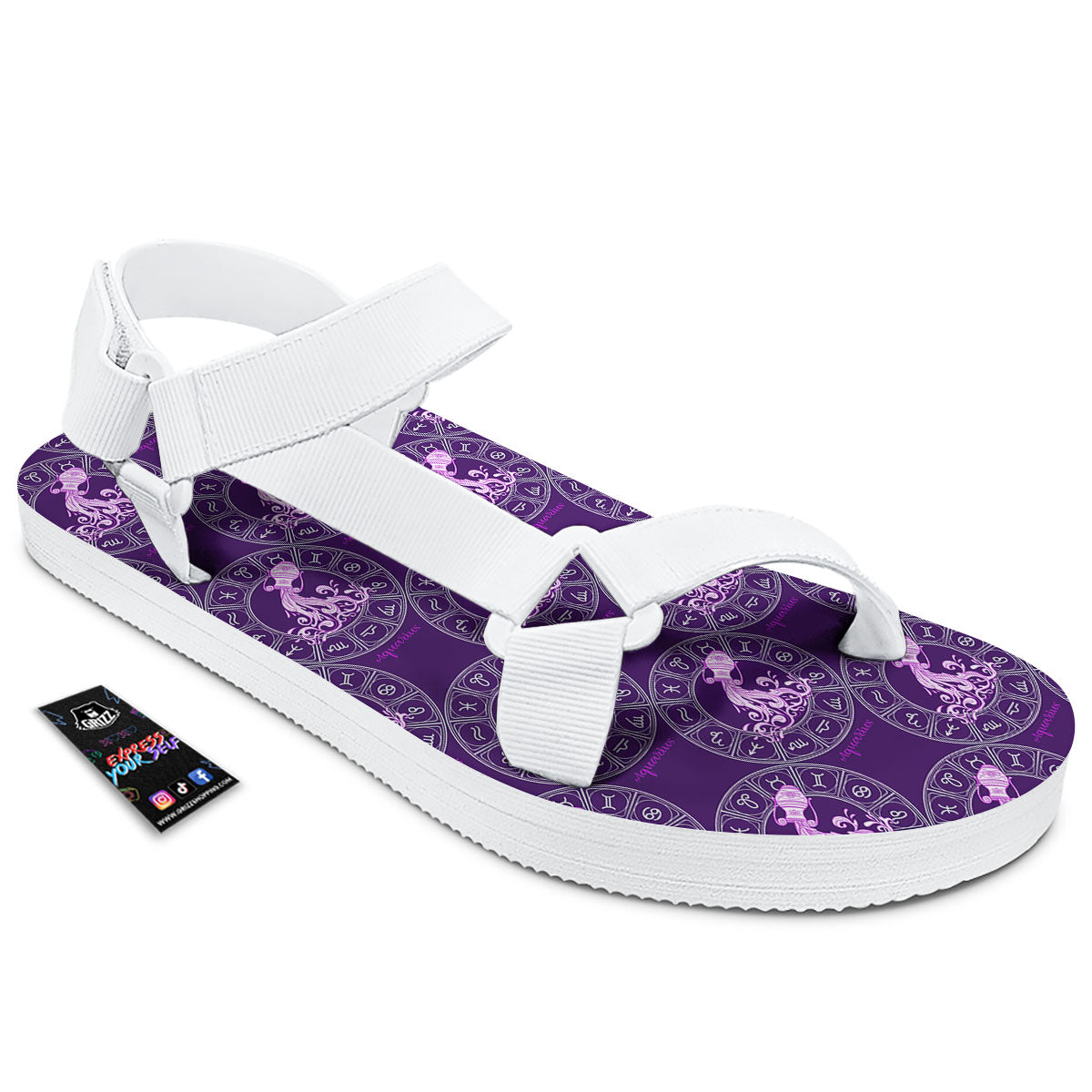 Zodiac Aquarius Purple Print Pattern White Open Toe Sandals-grizzshop