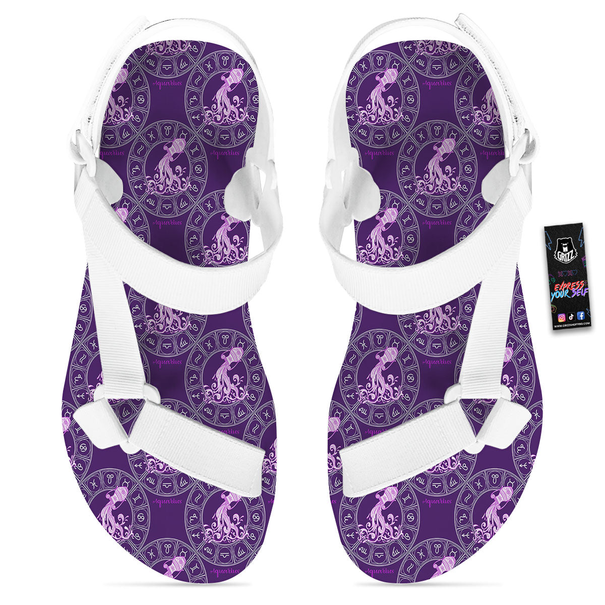 Zodiac Aquarius Purple Print Pattern White Open Toe Sandals-grizzshop