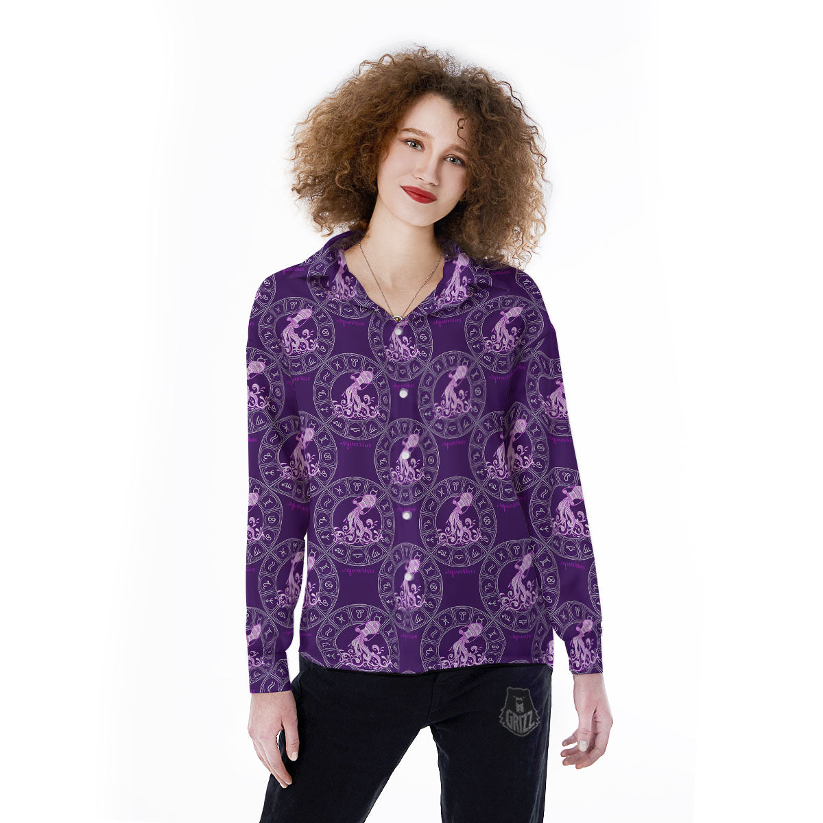 Zodiac Aquarius Purple Print Pattern Women's Long Sleeve Shirts-grizzshop