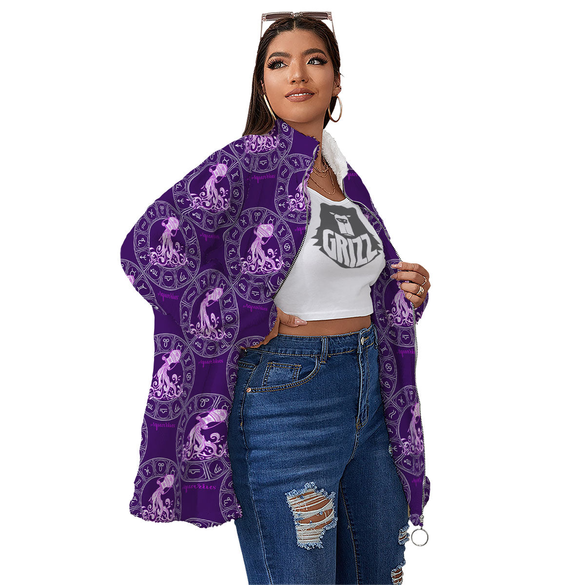 Zodiac Aquarius Purple Print Pattern Women's Sherpa Jacket-grizzshop