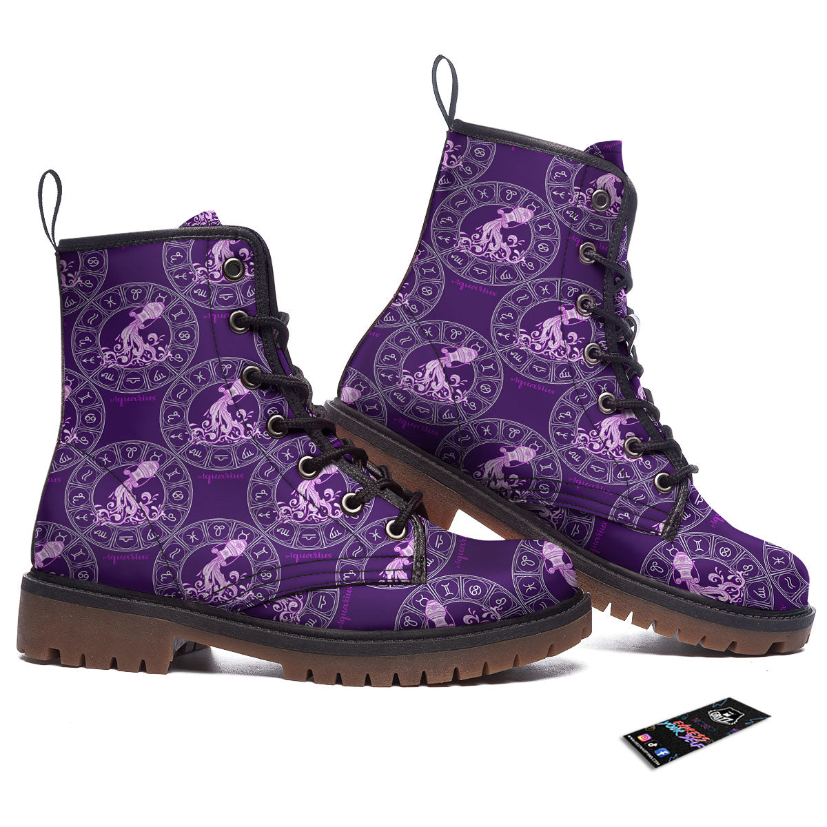 Zodiac Aquarius Purple Print Pattern Work Boots-grizzshop