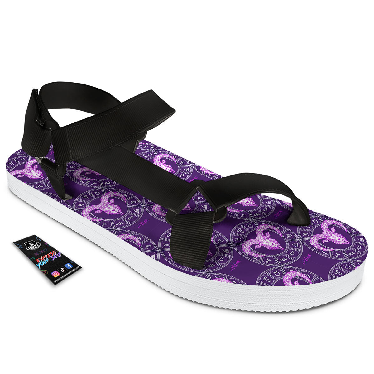 Zodiac Aries Purple Print Pattern Black Open Toe Sandals-grizzshop