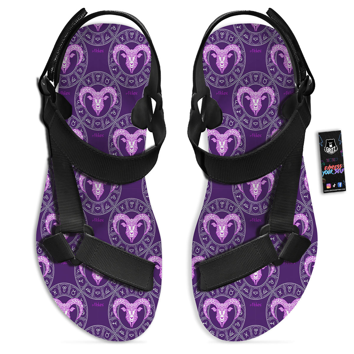 Zodiac Aries Purple Print Pattern Black Open Toe Sandals-grizzshop