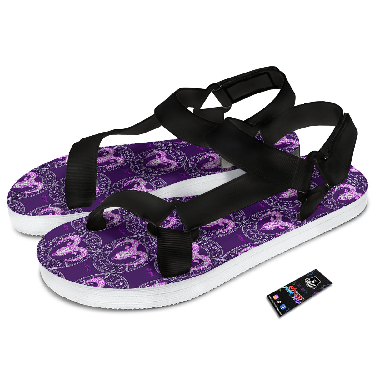 Zodiac Aries Purple Print Pattern Black Open Toe Sandals-grizzshop
