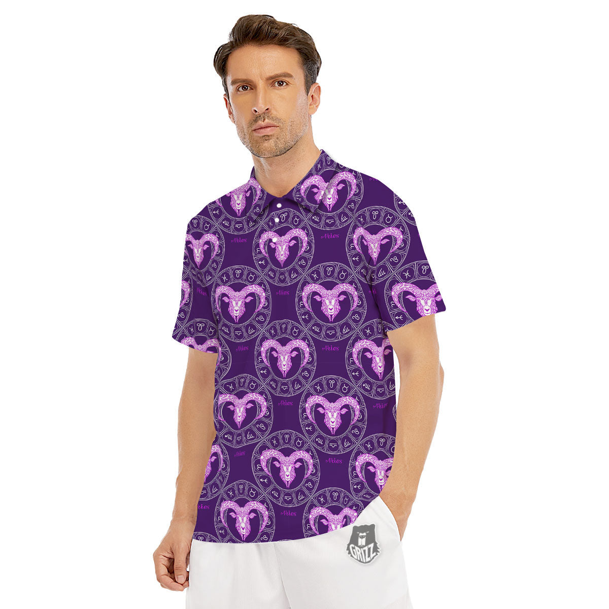 Zodiac Aries Purple Print Pattern Men's Golf Shirts-grizzshop