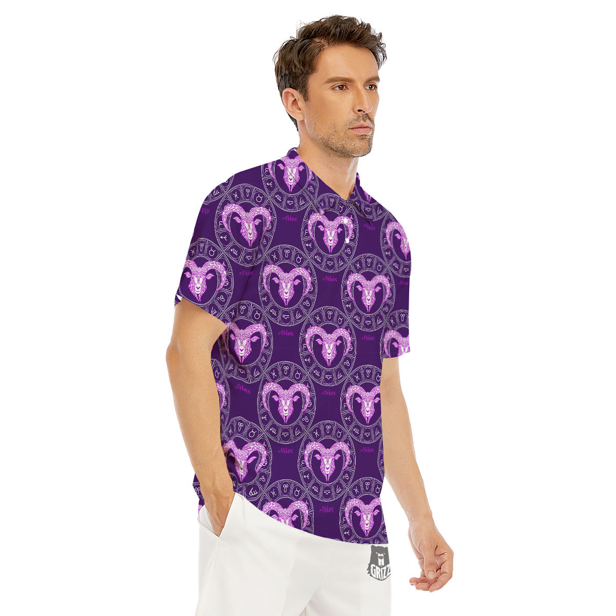 Zodiac Aries Purple Print Pattern Men's Golf Shirts-grizzshop