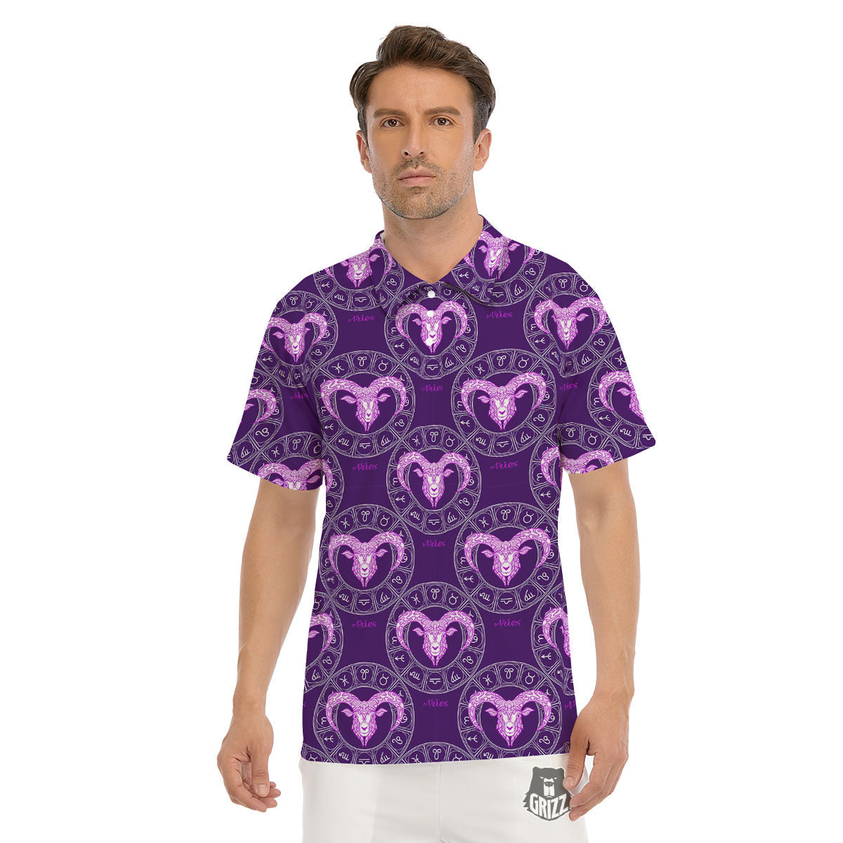 Zodiac Aries Purple Print Pattern Men's Golf Shirts-grizzshop
