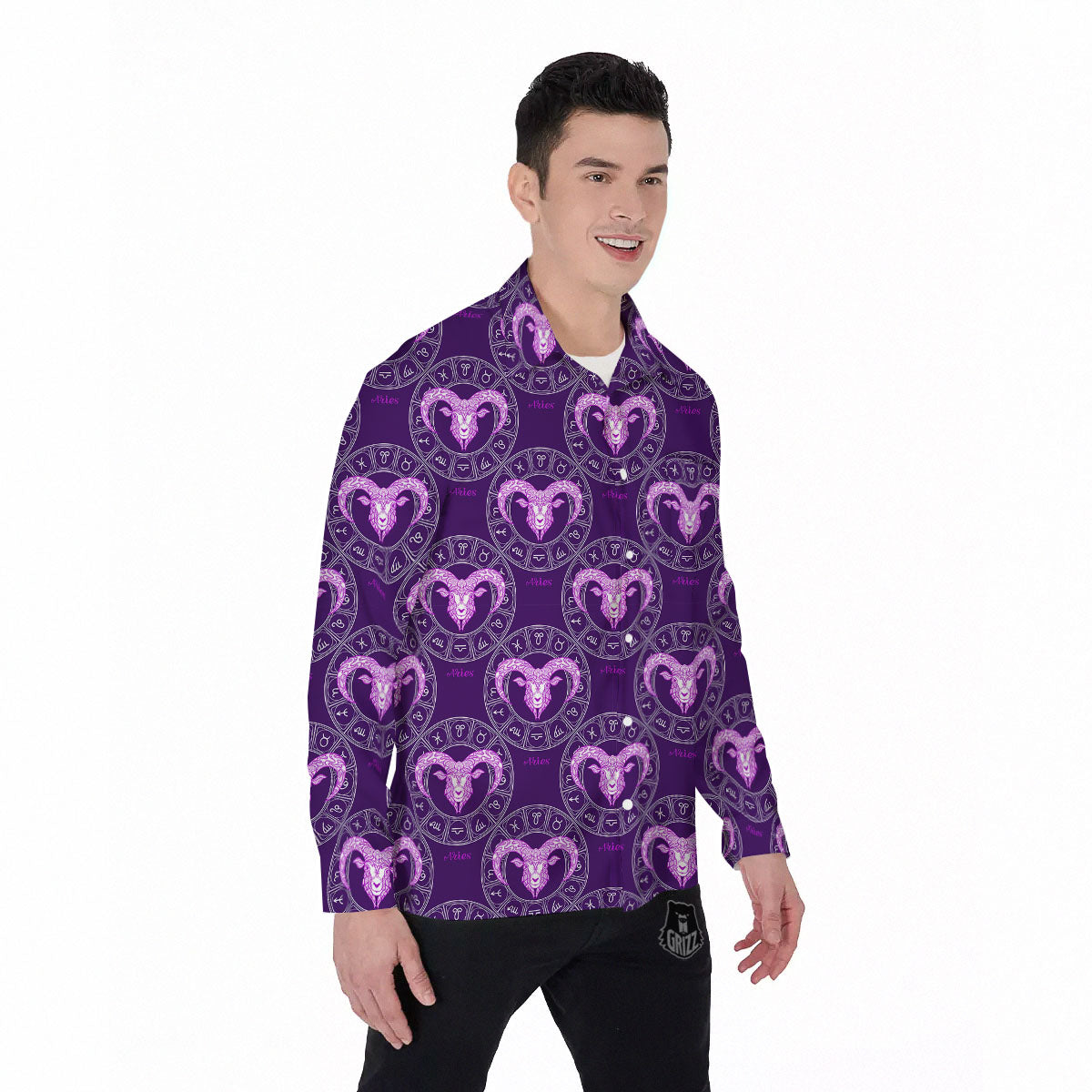 Zodiac Aries Purple Print Pattern Men's Long Sleeve Shirts-grizzshop