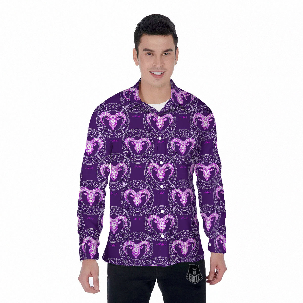 Zodiac Aries Purple Print Pattern Men's Long Sleeve Shirts-grizzshop