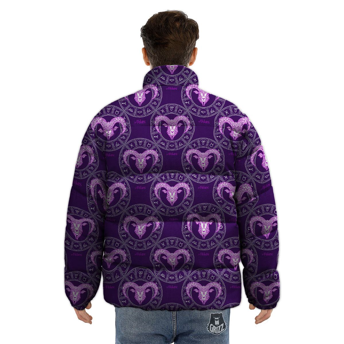 Zodiac Aries Purple Print Pattern Puffer Jacket-grizzshop