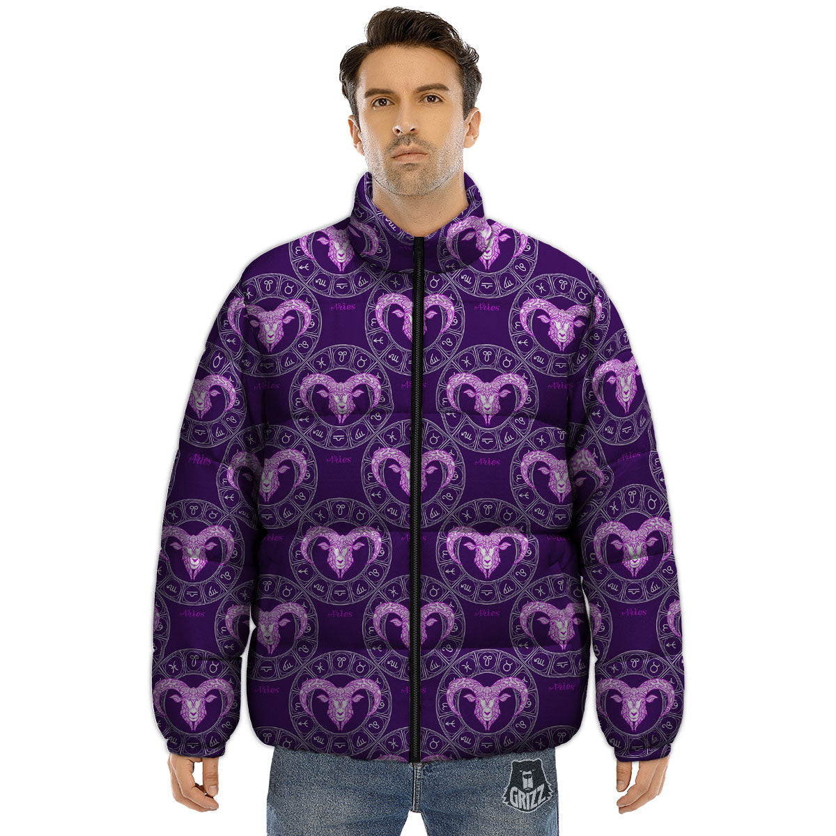 Zodiac Aries Purple Print Pattern Puffer Jacket-grizzshop