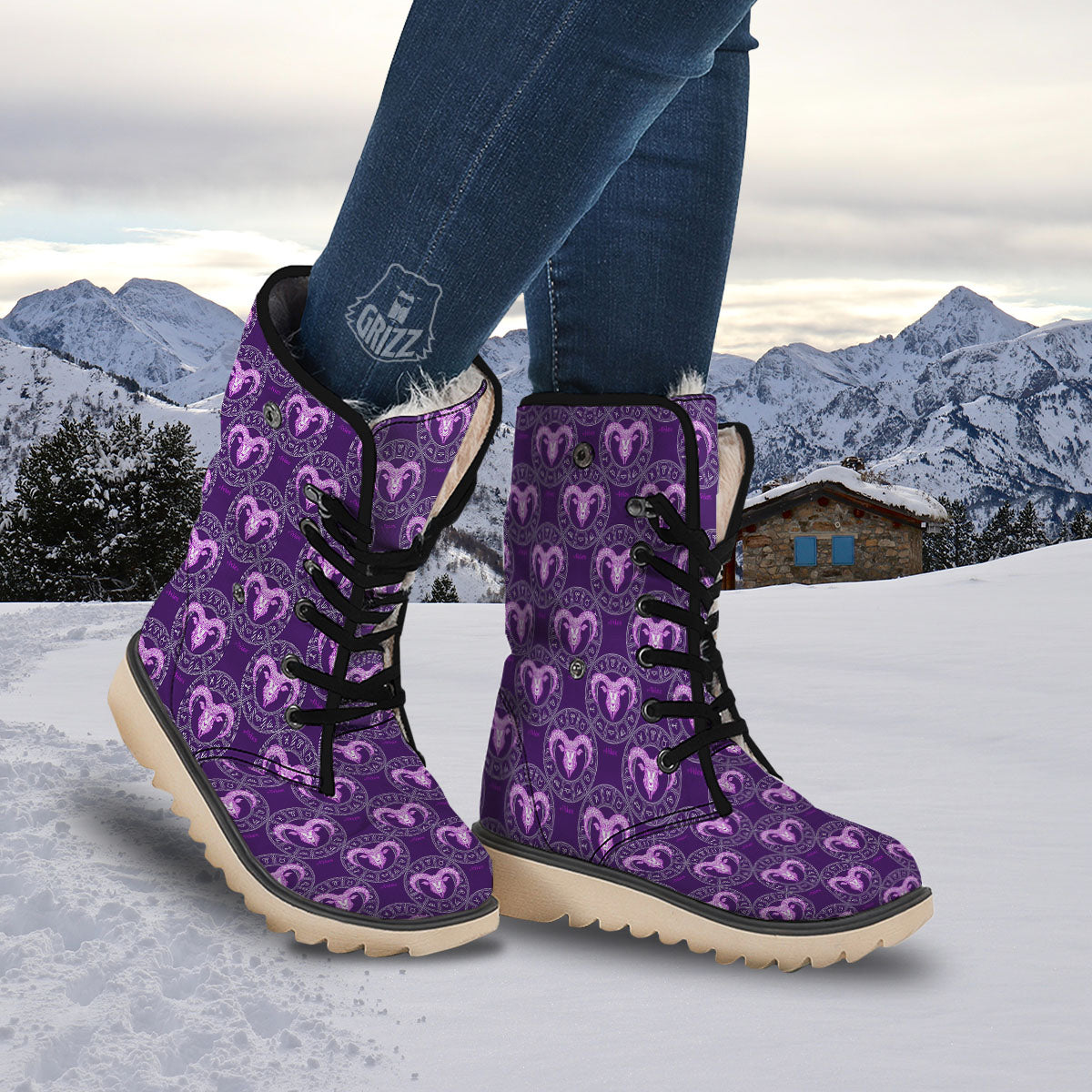 Zodiac Aries Purple Print Pattern Snow Boots-grizzshop