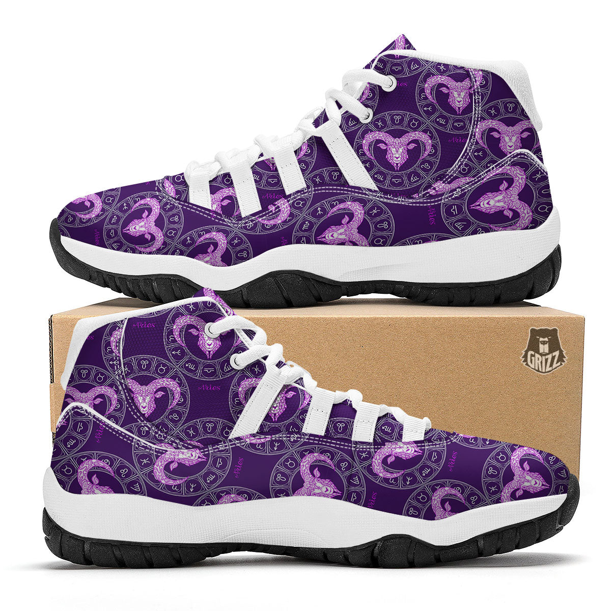 Zodiac Aries Purple Print Pattern White Bball Shoes-grizzshop