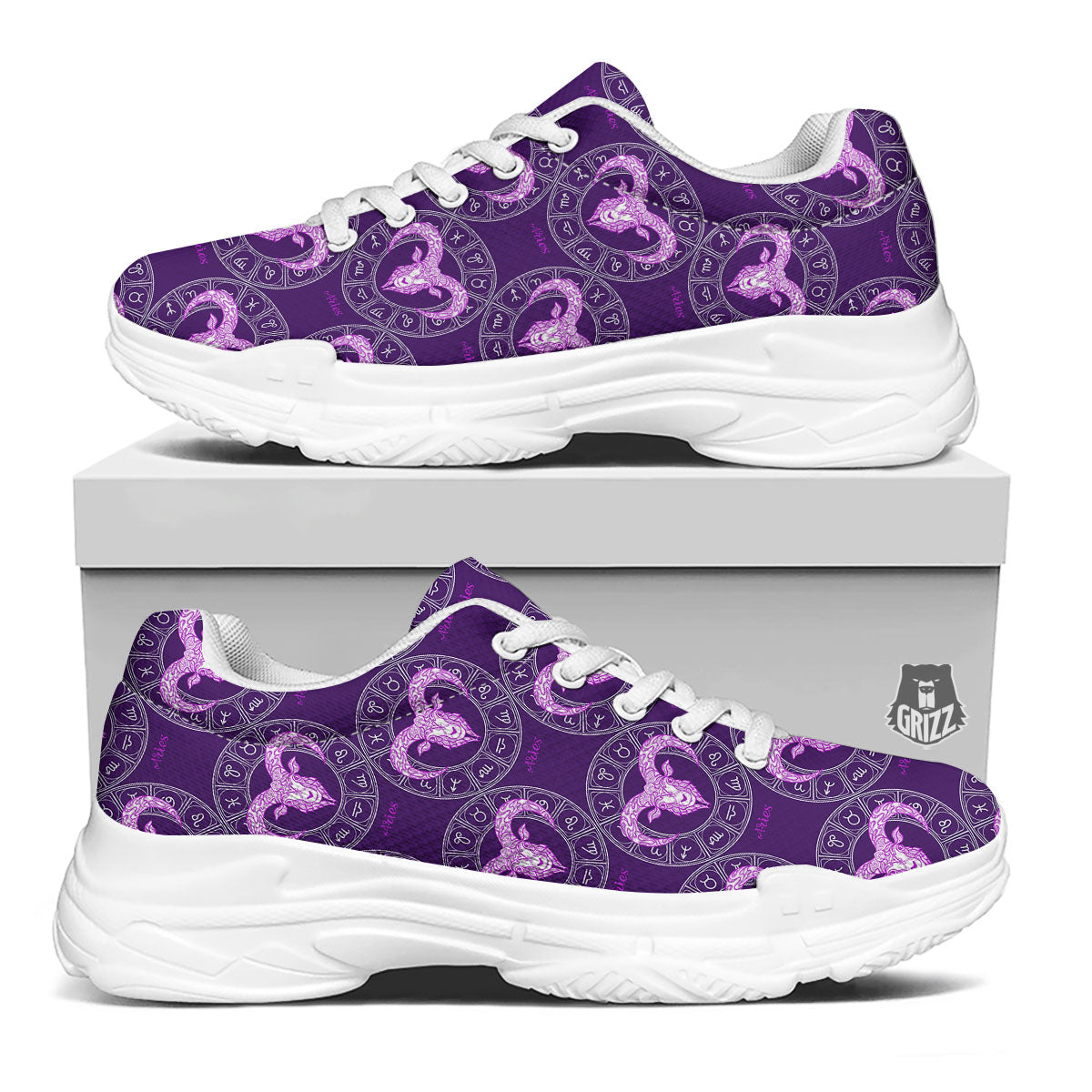 Zodiac Aries Purple Print Pattern White Chunky Shoes-grizzshop