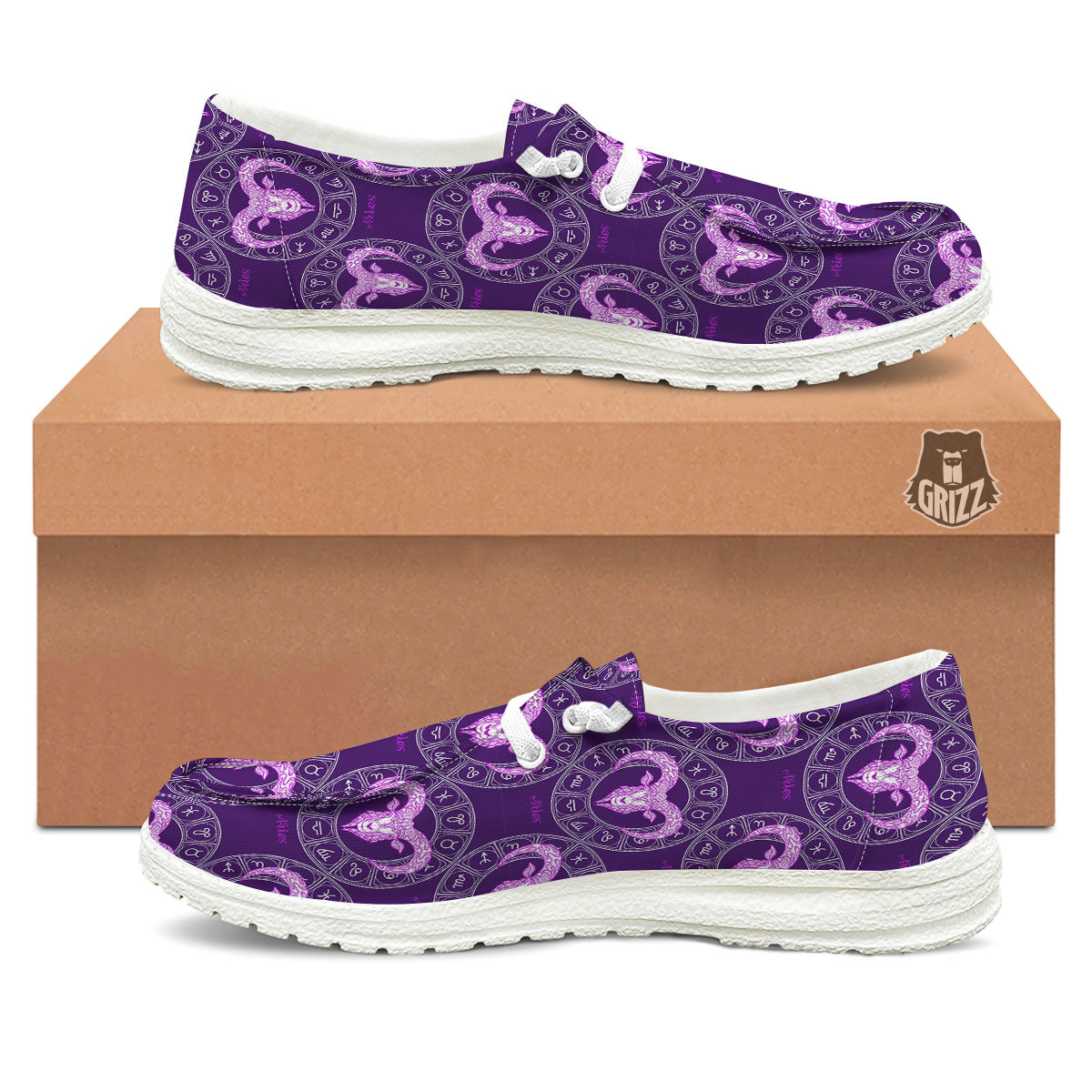 Zodiac Aries Purple Print Pattern White Loafers-grizzshop