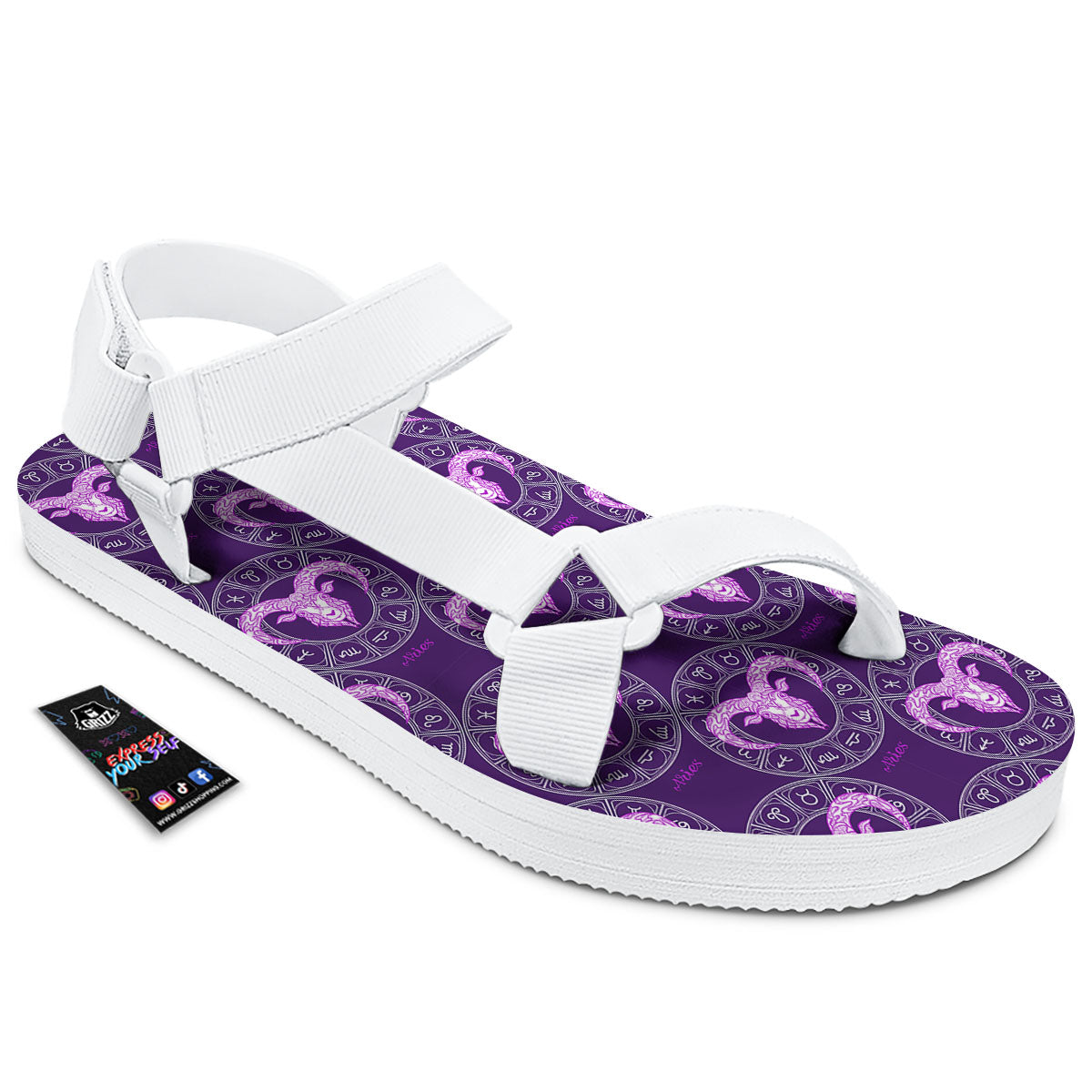 Zodiac Aries Purple Print Pattern White Open Toe Sandals-grizzshop