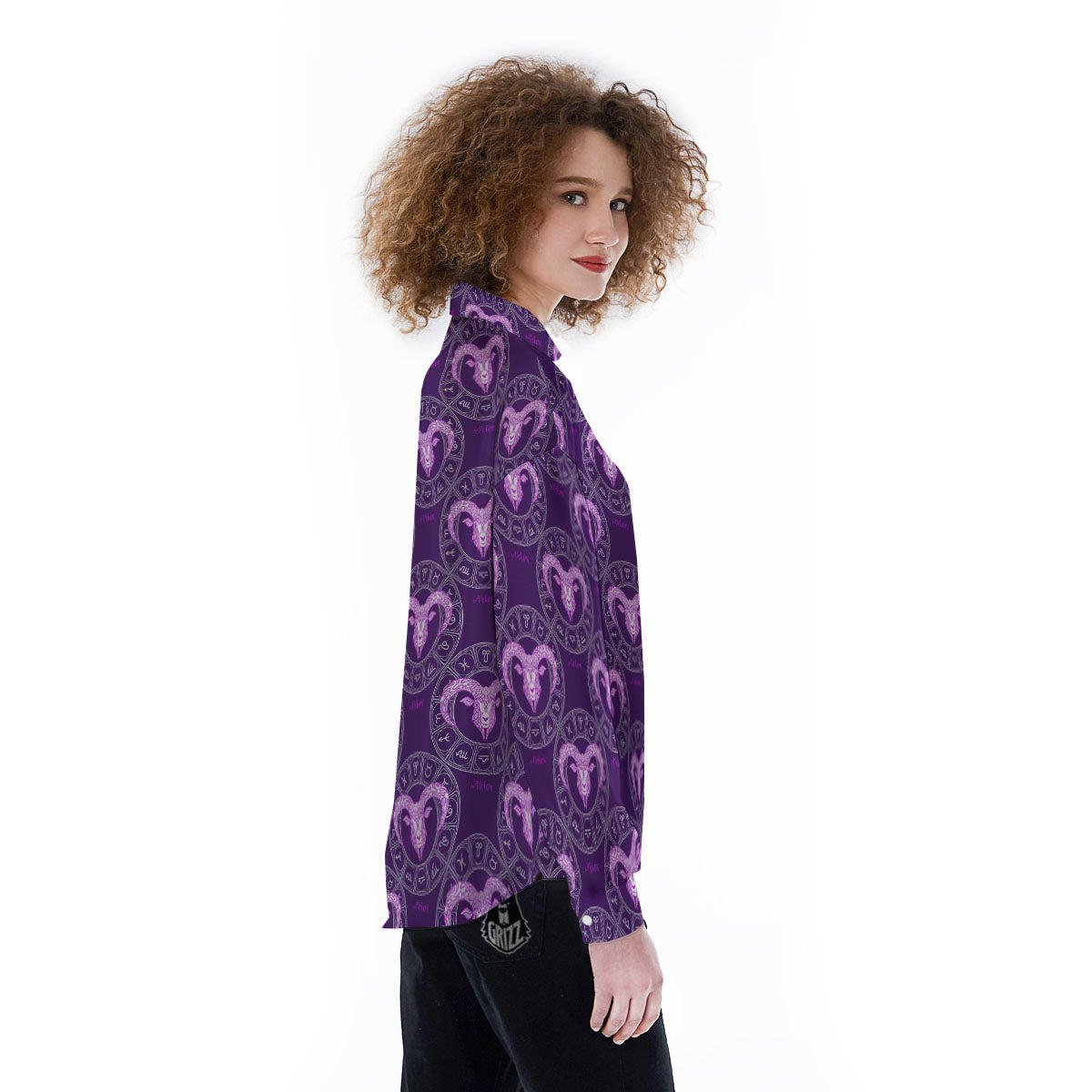 Zodiac Aries Purple Print Pattern Women's Long Sleeve Shirts-grizzshop