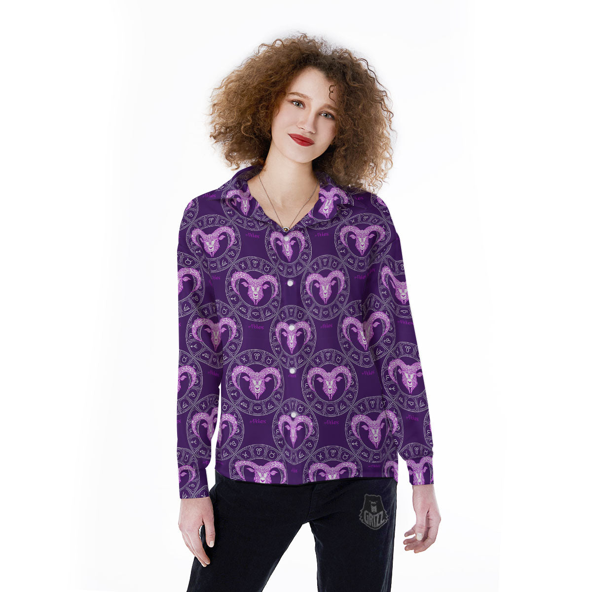 Zodiac Aries Purple Print Pattern Women's Long Sleeve Shirts-grizzshop
