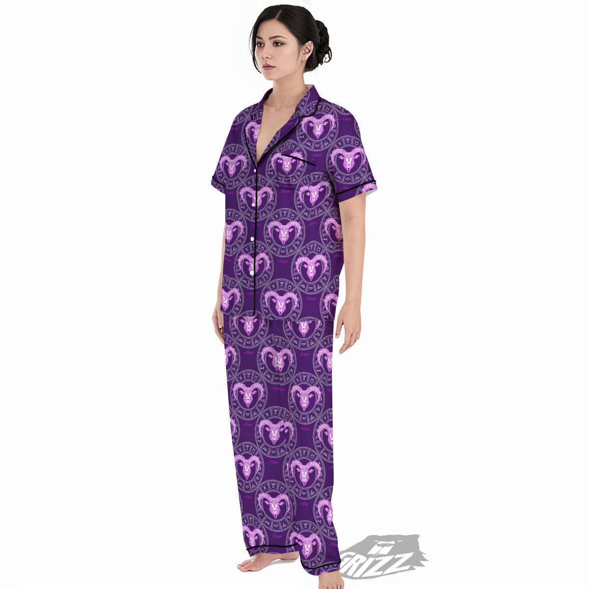 Zodiac Aries Purple Print Pattern Women's Pajamas Set-grizzshop