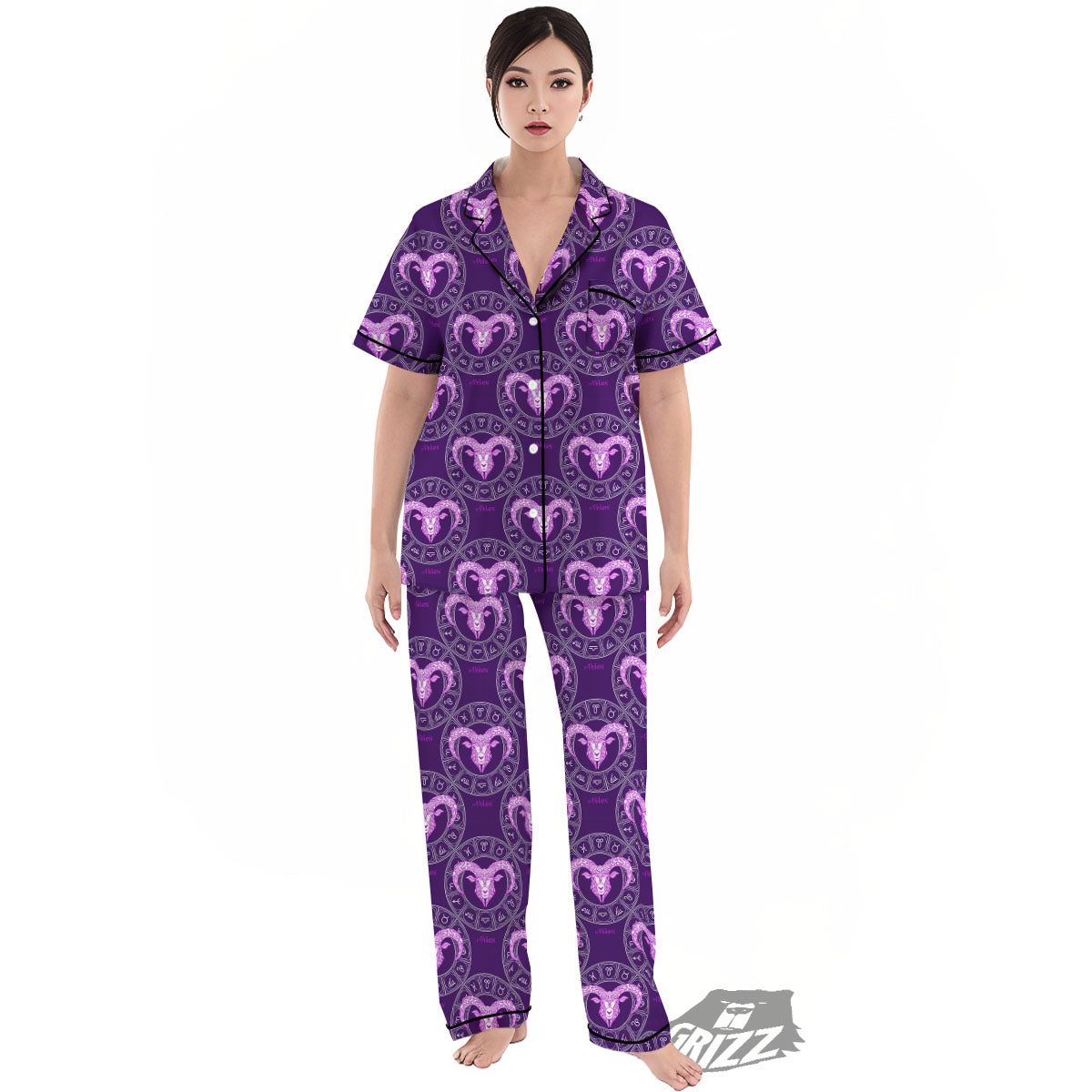 Zodiac Aries Purple Print Pattern Women's Pajamas Set-grizzshop
