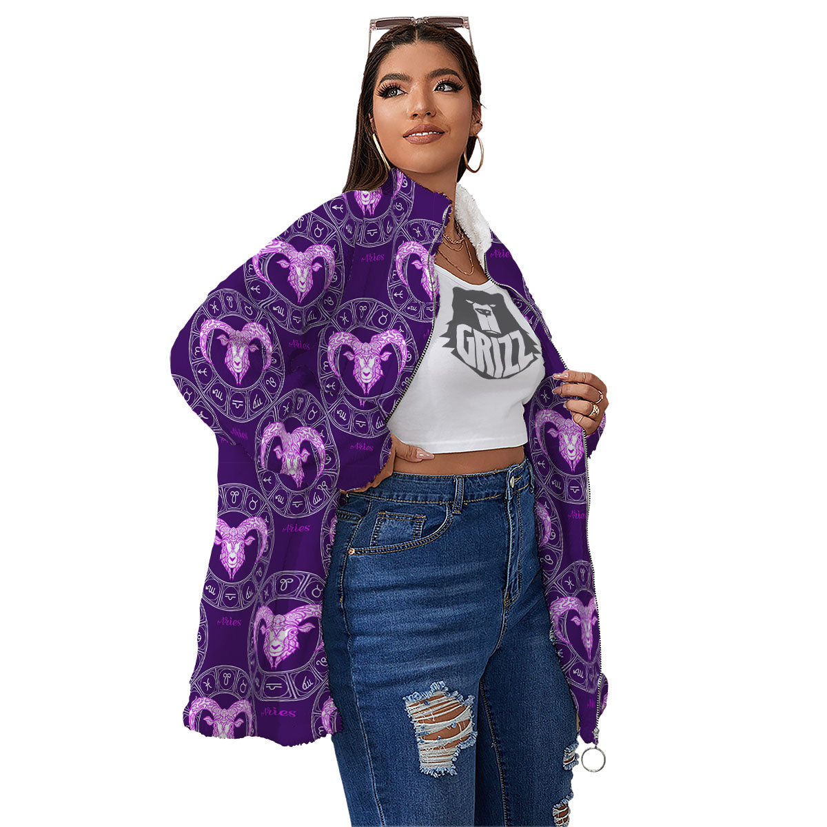 Zodiac Aries Purple Print Pattern Women's Sherpa Jacket-grizzshop