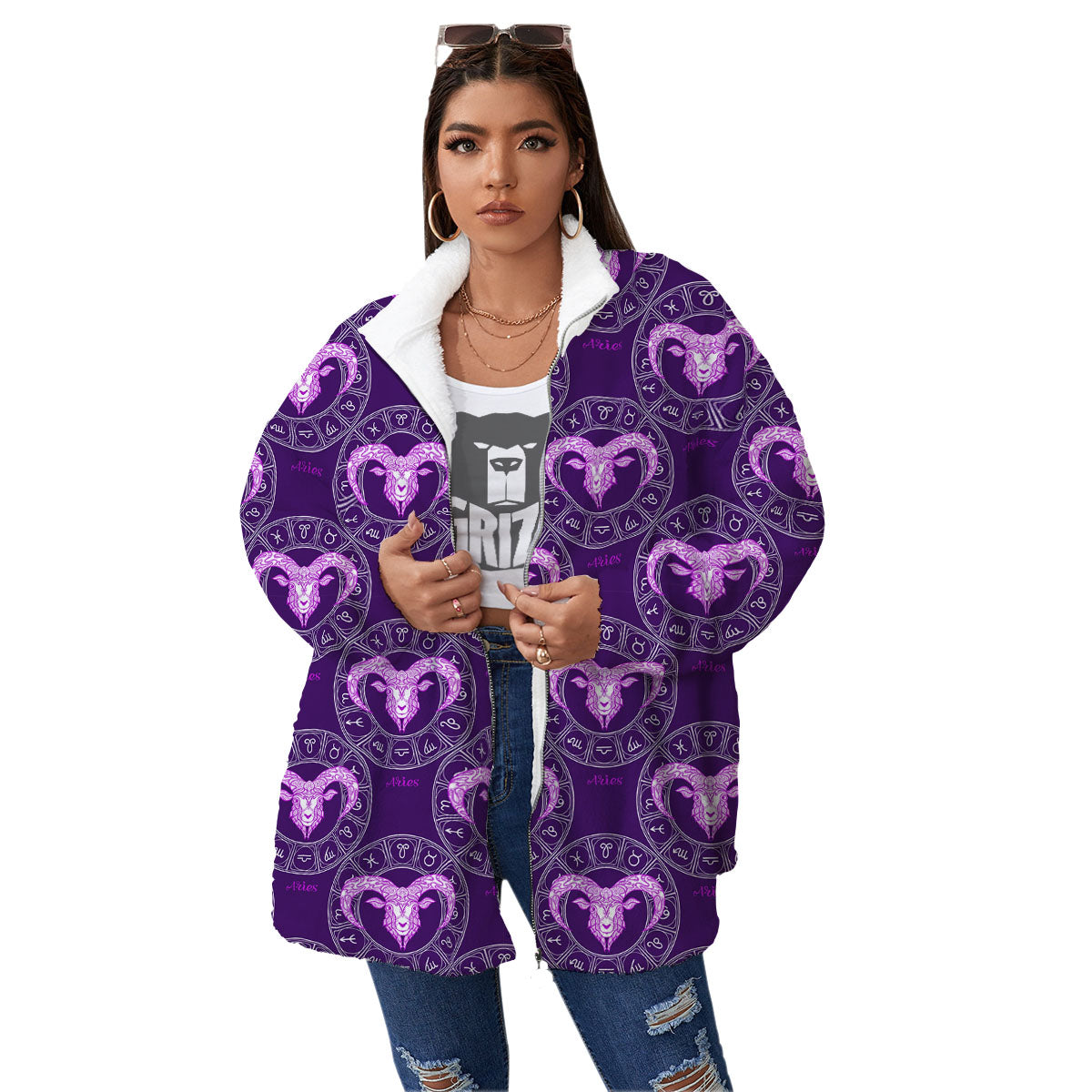 Zodiac Aries Purple Print Pattern Women's Sherpa Jacket-grizzshop