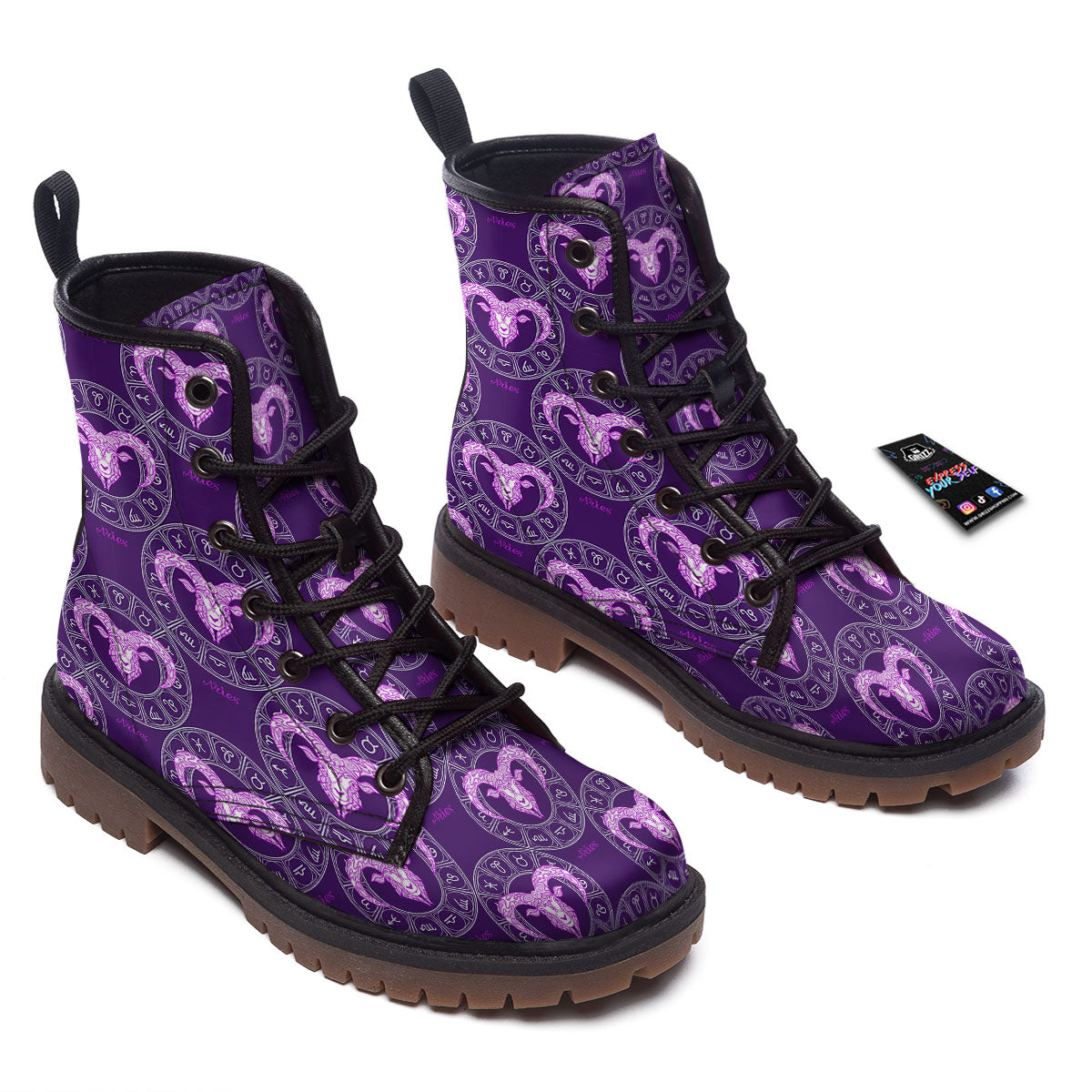 Zodiac Aries Purple Print Pattern Work Boots-grizzshop