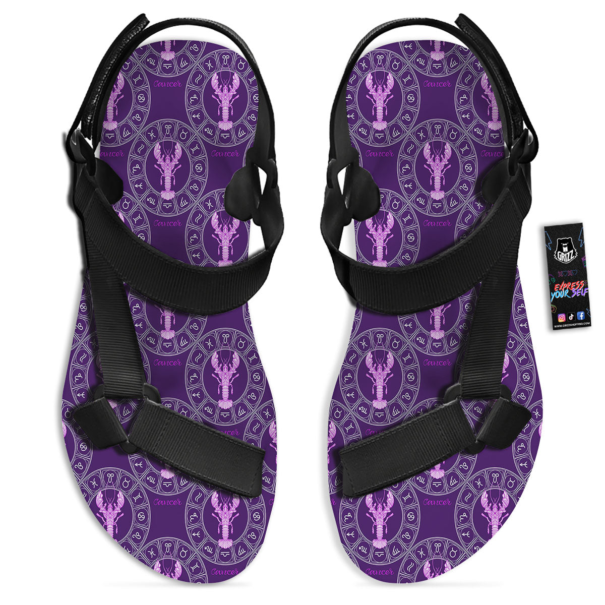 Zodiac Cancer Purple Print Pattern Black Open Toe Sandals-grizzshop