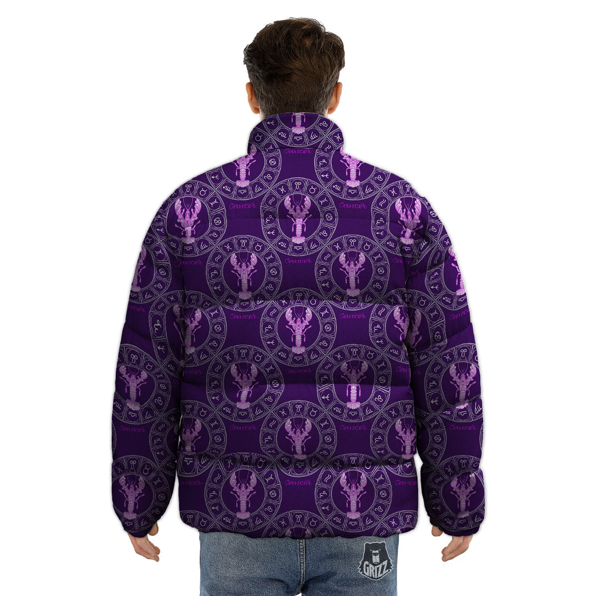 Zodiac Cancer Purple Print Pattern Puffer Jacket-grizzshop