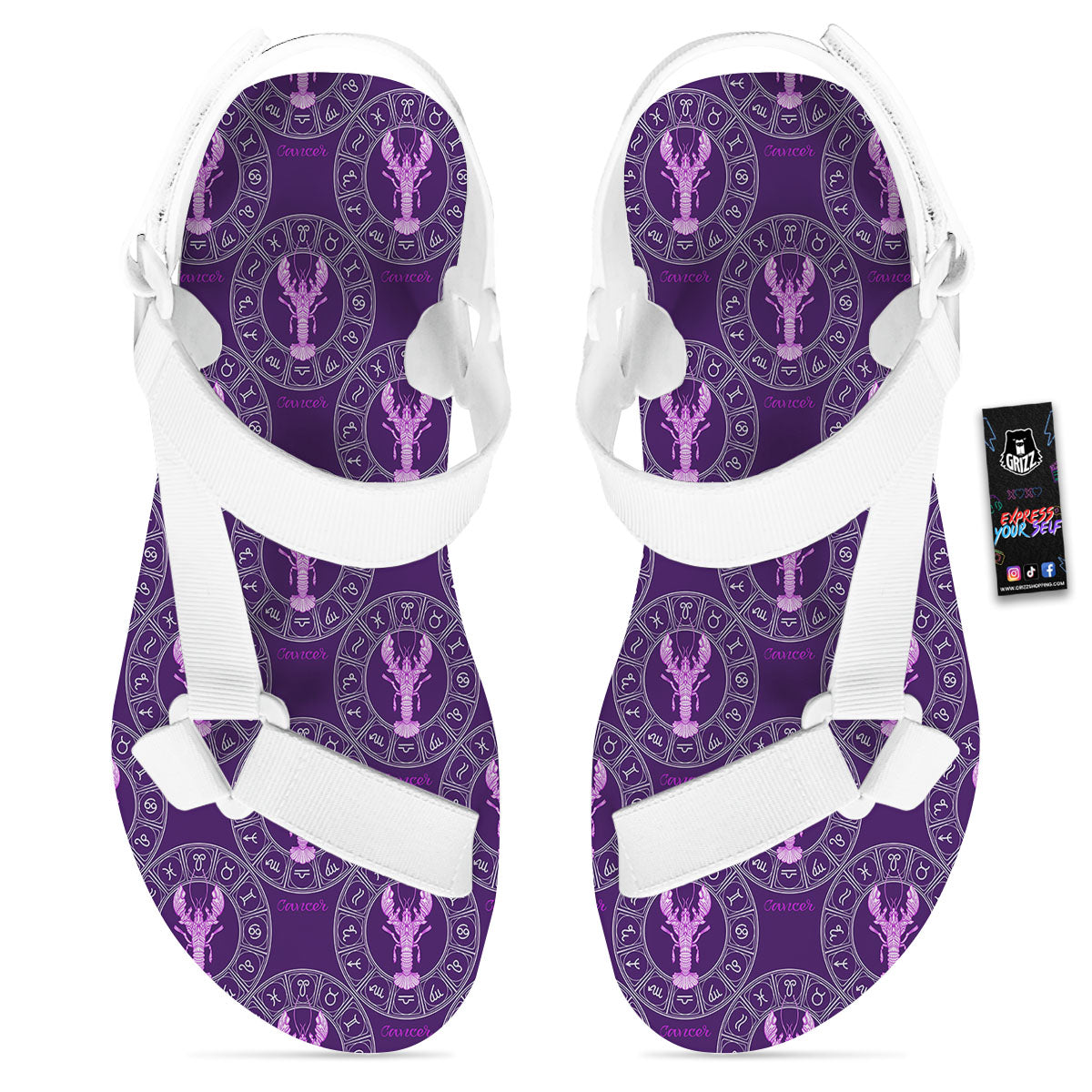 Zodiac Cancer Purple Print Pattern White Open Toe Sandals-grizzshop