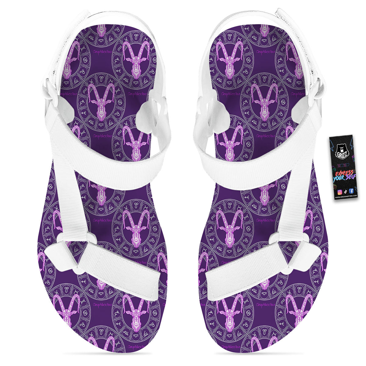 Zodiac Capricorn Purple Print Pattern White Open Toe Sandals-grizzshop