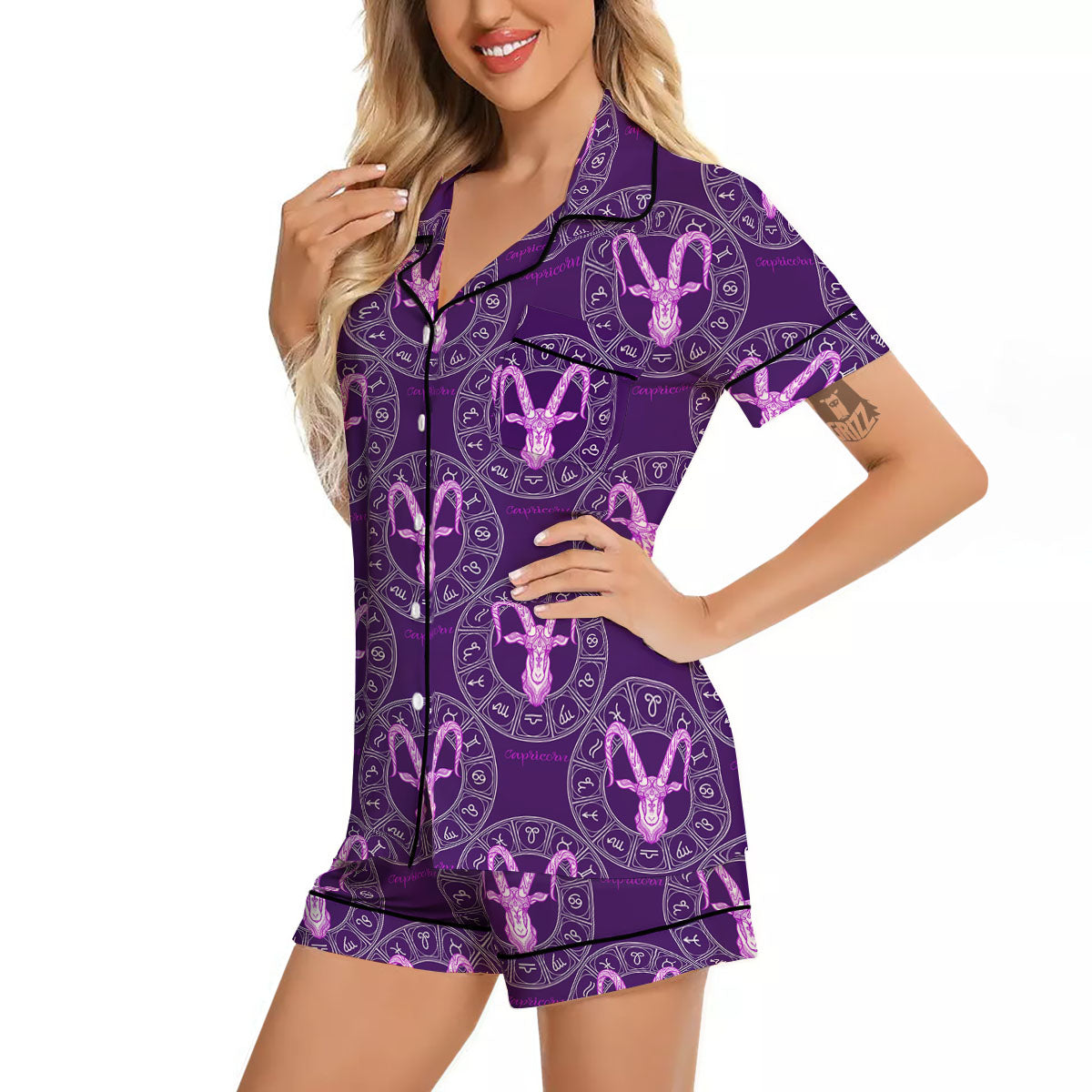 Zodiac Capricorn Purple Print Pattern Women Silk Pajamas-grizzshop