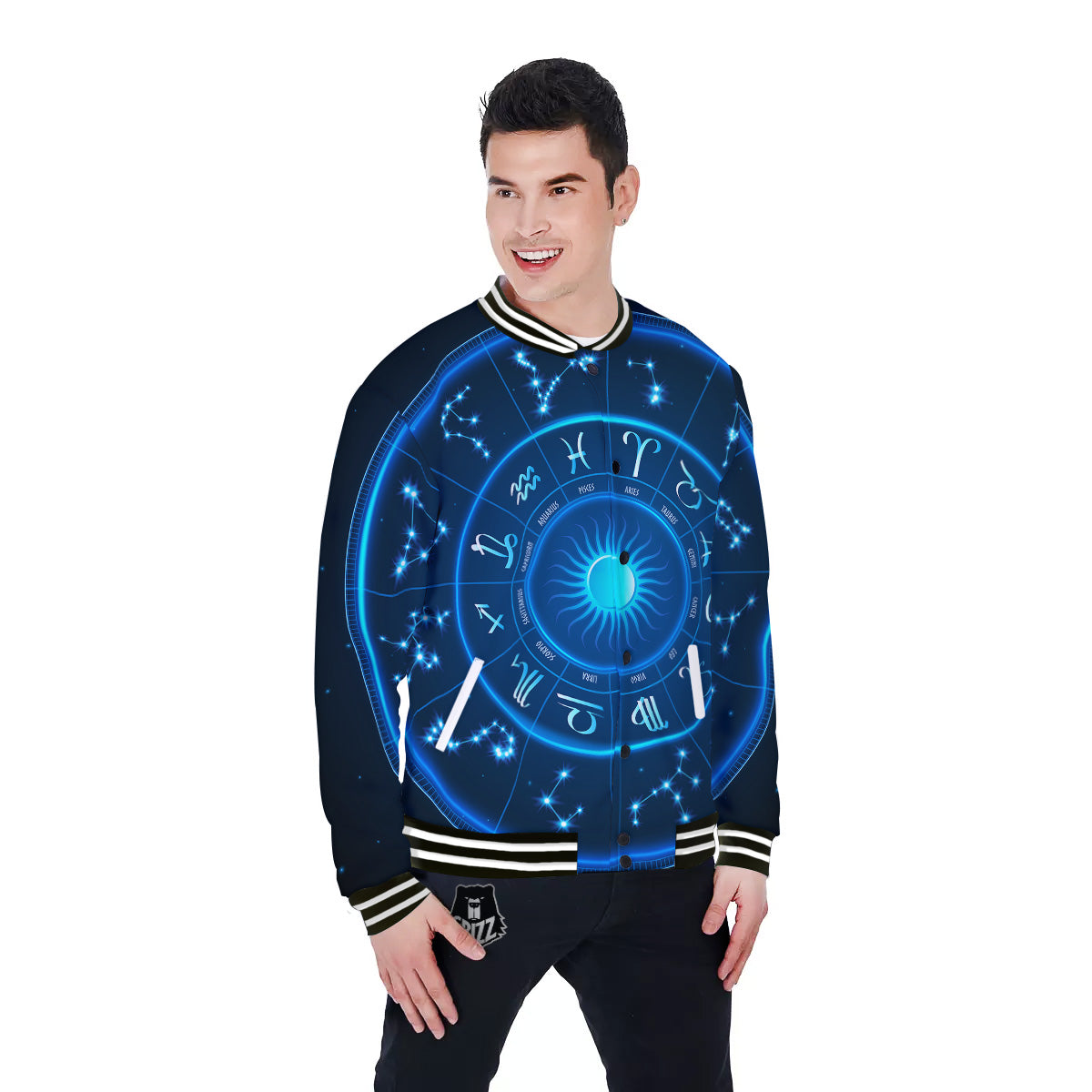 Zodiac Circle Blue Light Print Baseball Jacket-grizzshop