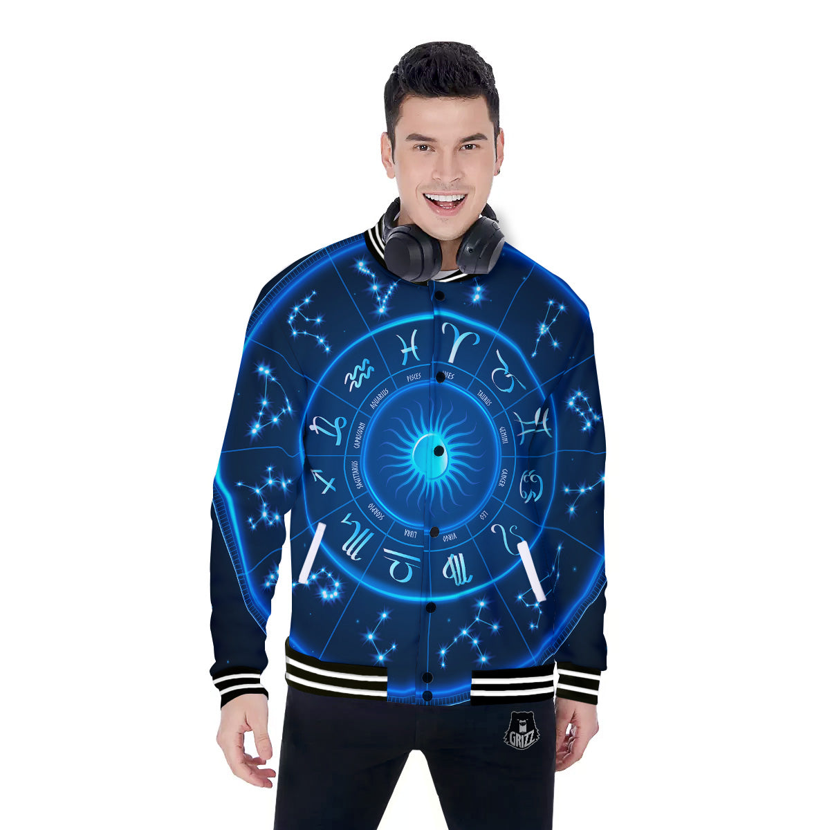 Zodiac Circle Blue Light Print Baseball Jacket-grizzshop