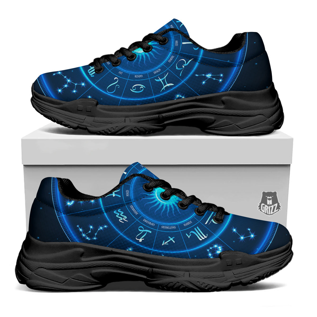 Zodiac Circle Blue Light Print Black Chunky Shoes-grizzshop