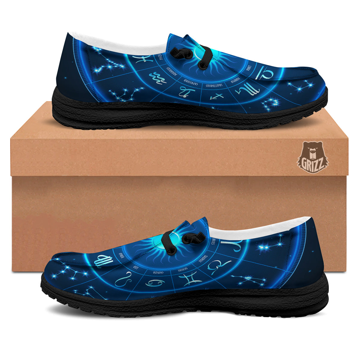 Zodiac Circle Blue Light Print Black Loafers-grizzshop