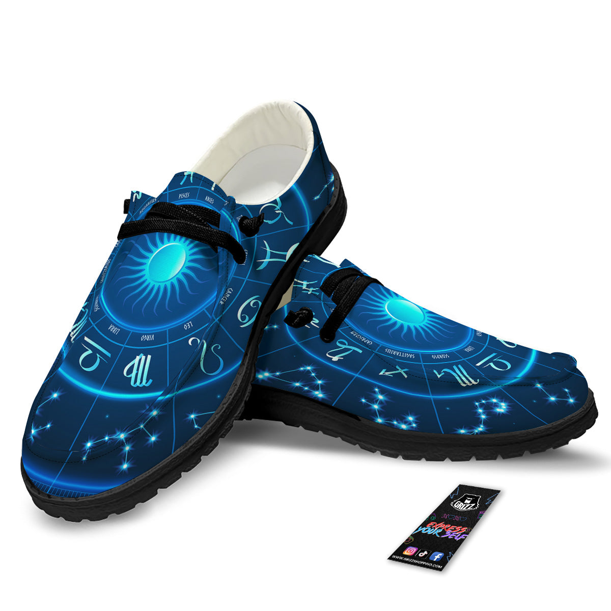 Zodiac Circle Blue Light Print Black Loafers-grizzshop